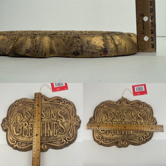 Vtg 95 Seasons Greetings Christmas Holiday Lightweight Foam Sign Gold Color Deco - Picture 4 of 11